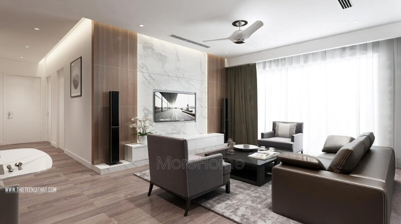 Thiết kế phòng khách chung cư cao cấp không quá cầu kỳ vào từng chi tiết trang trí, hầu hết các hình khối và đường nét sử dụng là các chi tiết đơn giản nhưng vẫn đảm bảo được sự sang trọng và tiện nghi của không gian này Thiết kế phòng khách chung cư hiện đại