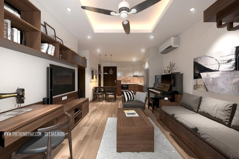 Trang trí phòng khách chung cư đẹp và ấn tượng với tone màu trầm từ nội thất gỗ Thiết kế phòng khách chung cư hiện đại