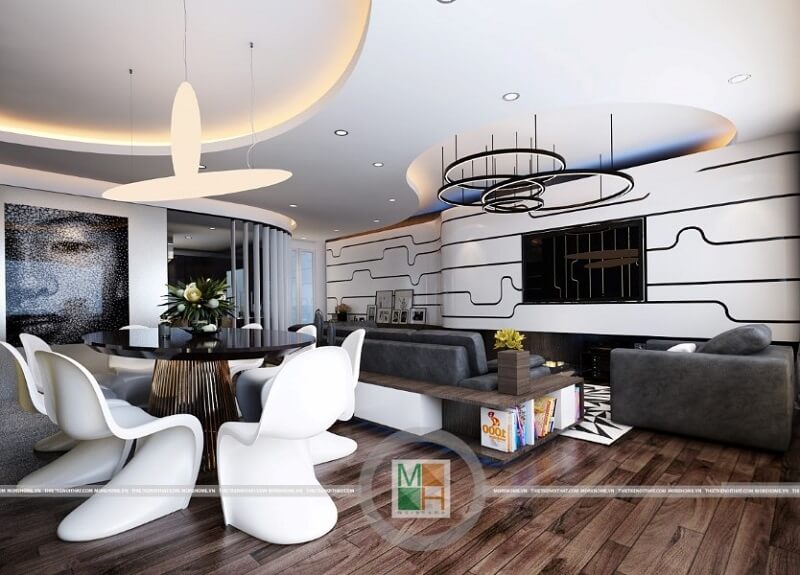 Mẫu thiết kế phòng khách chung cư cao cấp sử dụng gỗ ốp sàn màu nâu sang trọng kết hợp nội thất hiện đại, độc đáo mang đến một căn phòng khách lí tưởng Thiết kế phòng khách chung cư hiện đại
