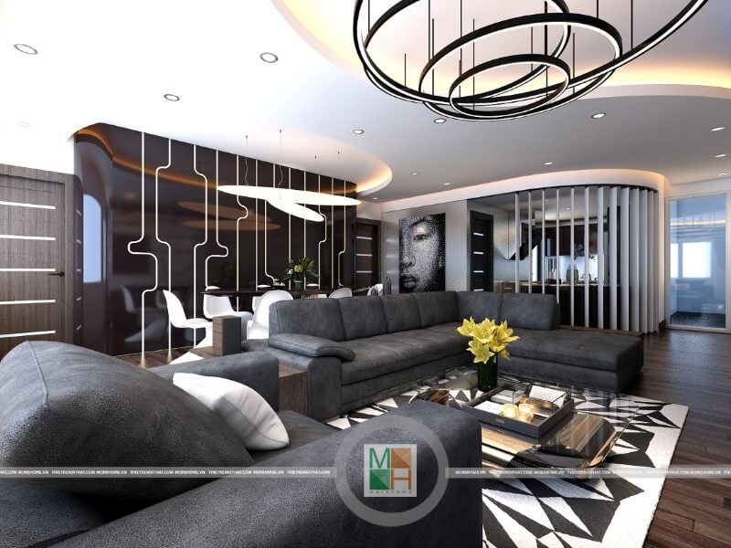 Mẫu thiết kế phòng khách chung cư hiện đại, các kiến trúc sư Morehome sử dụng các hình khối đơn giản và cụ thể mang đến sự rõ ràng và thuận tiện cho gia chủ Thiết kế phòng khách chung cư hiện đại