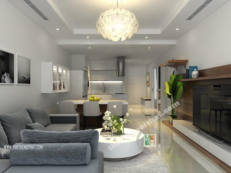 Thiết kế phòng khách chung cư hiện đại, tiên nghi với đồ nội thất nhỏ gọn và cách sắp xếp khoa học hợp lí giúp tiết kiệm diện tích căn phòng Thiết kế phòng khách chung cư hiện đại