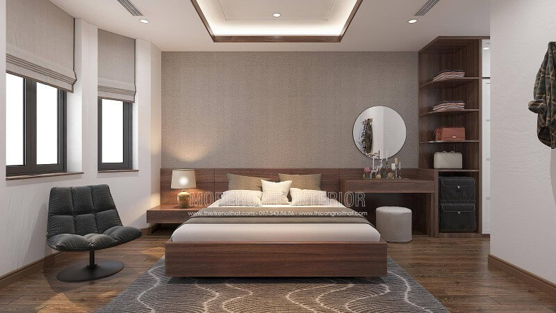 Bạn là người mệnh Thổ, mệnh Kim, Morehome xin giới thiệu quý vị và các bạn một trong những ý tưởng đó là mẫu thiết kế nội thất phòng ngủ màu nâu chủ đạo tại biệt thự Vinhomes Imperi a Hải Phòng, ngoài ra còn rất nhiều mẫu thiết kế phòng ngủ đẹp tại website:thietkenoithat.com thiết kế biệt thự