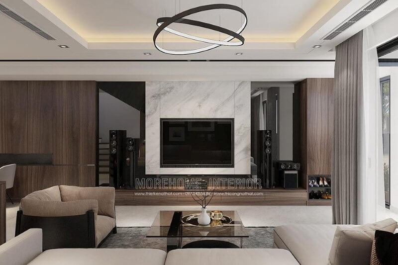 Trang trí phòng khách hiện đại đẹp ấn tượng với đá ốp tường điểm nhấn thiết kế biệt thự