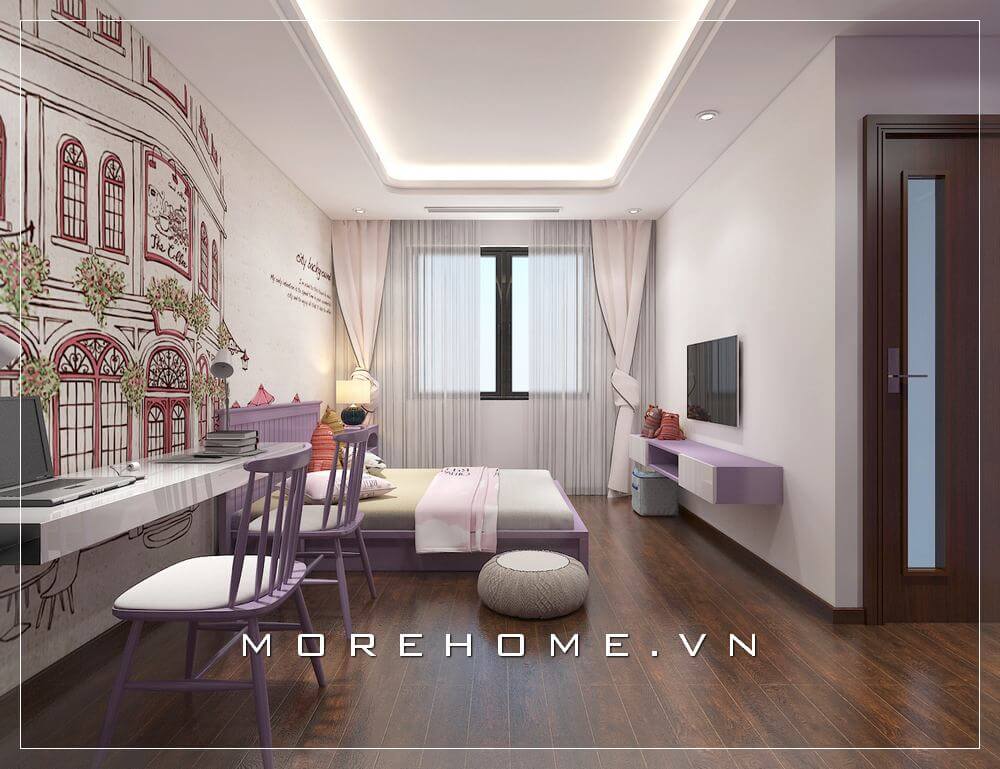 Thiết kế nội thất phòng ngủ bé gái phong cách hiện đại, sinh động với mẫu đồ nội thất bằng gỗ công nghiệp sử dụng màu tím tạo cảm giác nhẹ nhàng và lãng mạn cho nhà biệt thự