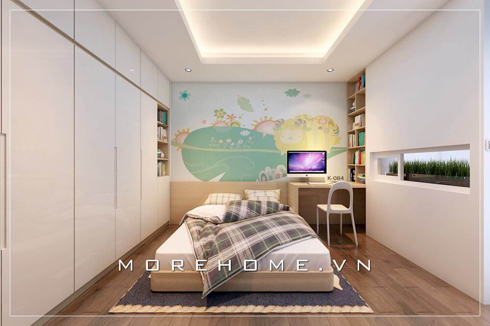 Thiết kế nội thất phòng ngủ bé trai trong không gian nhà phố cùng cách trang trí bức tường họa tiết hoạt hình đẹp giúp không gian nhẹ nhàng và đẹp mắt hơn