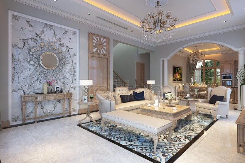 Thiết kế nội thất biệt thự Thủ Đức tân cổ điển gợi mở một không gian sang trọng bằng các đường nét trạm khắc mềm mại, hay hoa văn tỉ mỉ Mẫu nội thất biệt thự tân cổ điển đẹp
