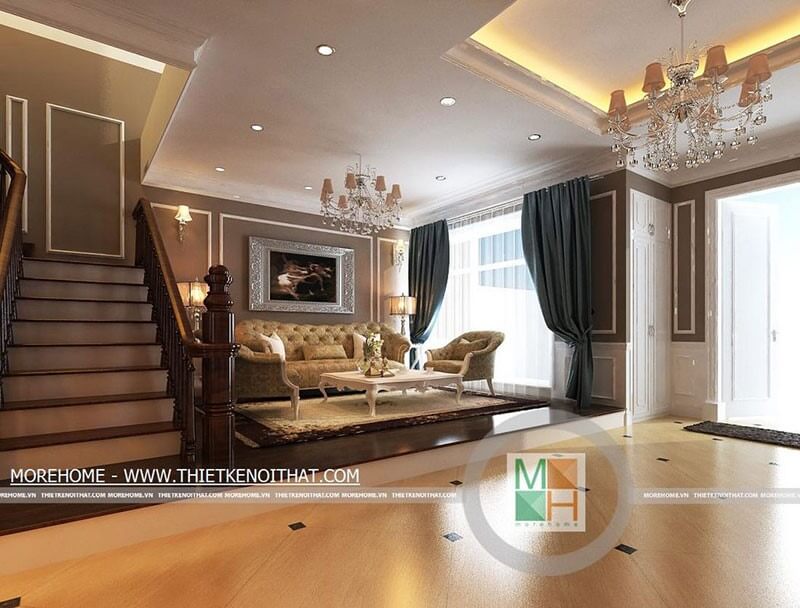Thiết kế nội thất phòng khách với những chi tiết từ tranh ảnh, đèn tạo nét tân cổ điển ấn tượng, sang trọng hơn cho căn phòng Mẫu nội thất biệt thự tân cổ điển đẹp