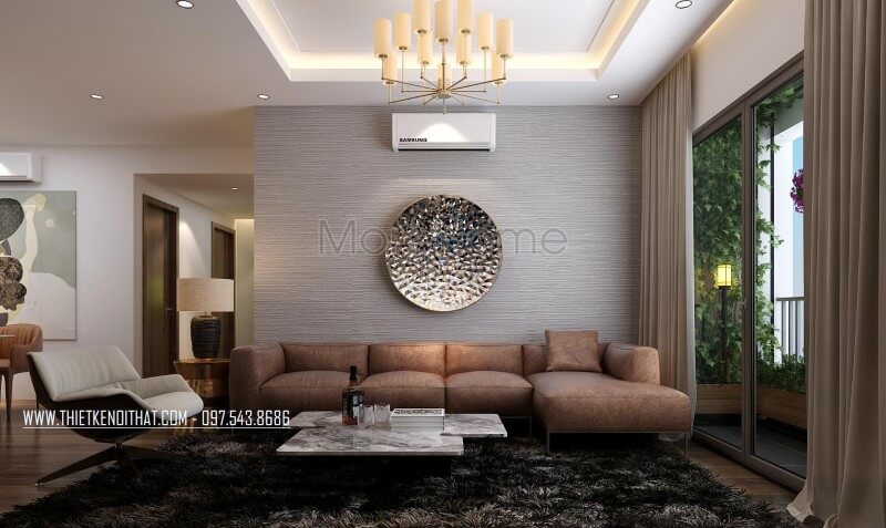 Nội thất phòng khách chung cư hiện đại đầy ấn tượng, gam màu nâu trầm ấm áp Thiết kế phòng khách chung cư hiện đại