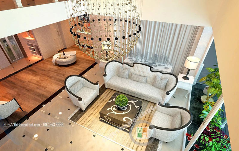 Thiết kế phòng khách sang trọng với nội thất sofa bọc nỉ tân cổ điển với đường cong nhẹ nhàng ở thân ghế tạo điểm nhấn ấn tượng Ấn tượng các mẫu sofa phòng khách độc đáo nhất