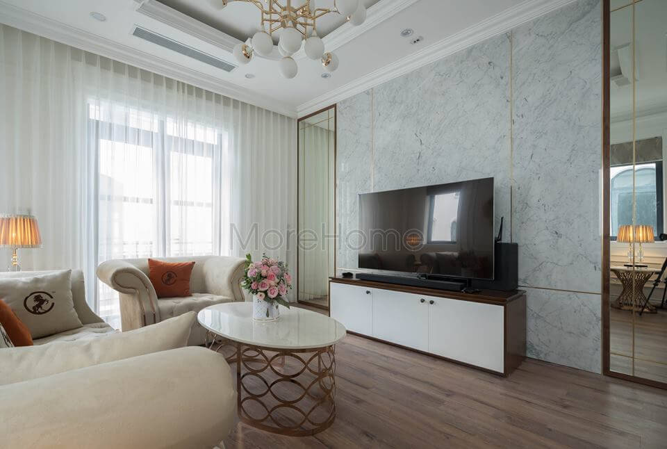 Morehome gợi ý các mẫu thiết kế đá ốp tường phòng khách sang trọng