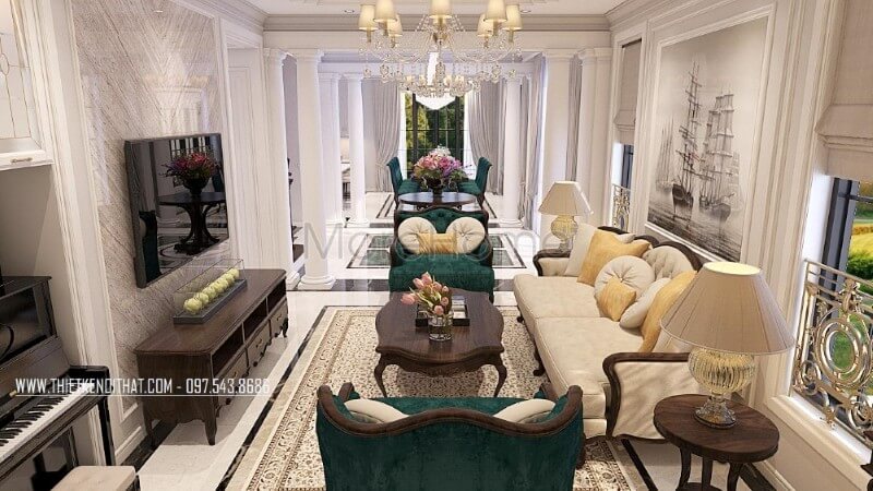 Thiết kế nội thất phòng khách biệt thự cao cấp phong cách tân cổ điển ấn tượng bởi các đường nét sắc nét và chi tiết tỉ mỉ, tinh tế Thiết kế nội thất phòng khách tân cổ điển đẹp