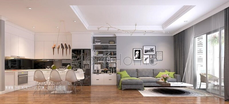 Tủ bếp chữ L được thiết kế hợp lí với phần bếp nấu và khu vực xơ chế rửa thực phẩm, thuận tiện hơn trong quá trình nấu nướng, dọn dẹp Tủ bếp acrylic