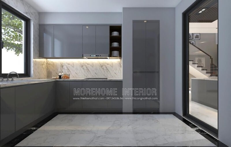 Tủ bếp hiện đại, sang trọng ấn tượng với chất liệu gỗ acrylic màu xám độc đáo. Tủ bếp acrylic