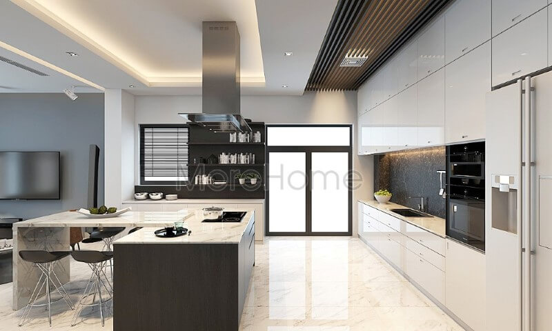 Mẫu tủ bếp chữ i gỗ công nghiệp hiện đại, liền kề là chiếc bàn đảo tích hợp công năng là bàn ăn phụ tạo tiện nghi cho chủ nhân ngôi nhà Tủ bếp acrylic