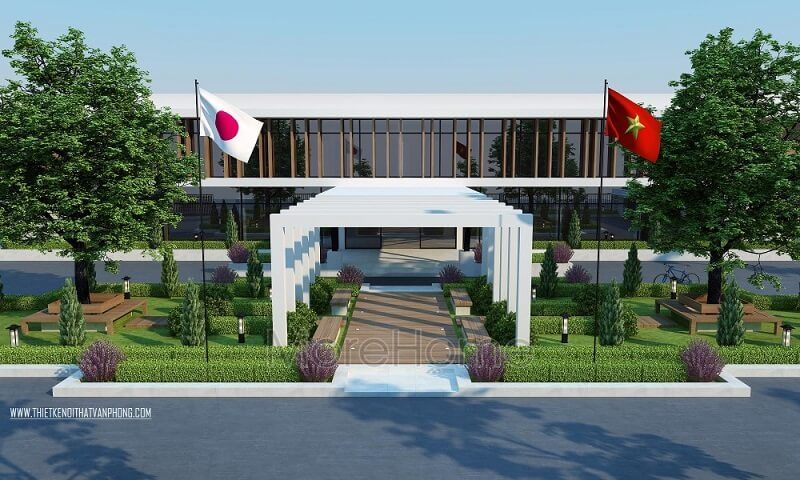 Cổng vào công ty Bình Minh được thiết kế dạng đơn khung đơn giản, không cầu kỳ, vừa tạo điểm nhấn cho không gian lại góp phần định hình đường đi, lối vào